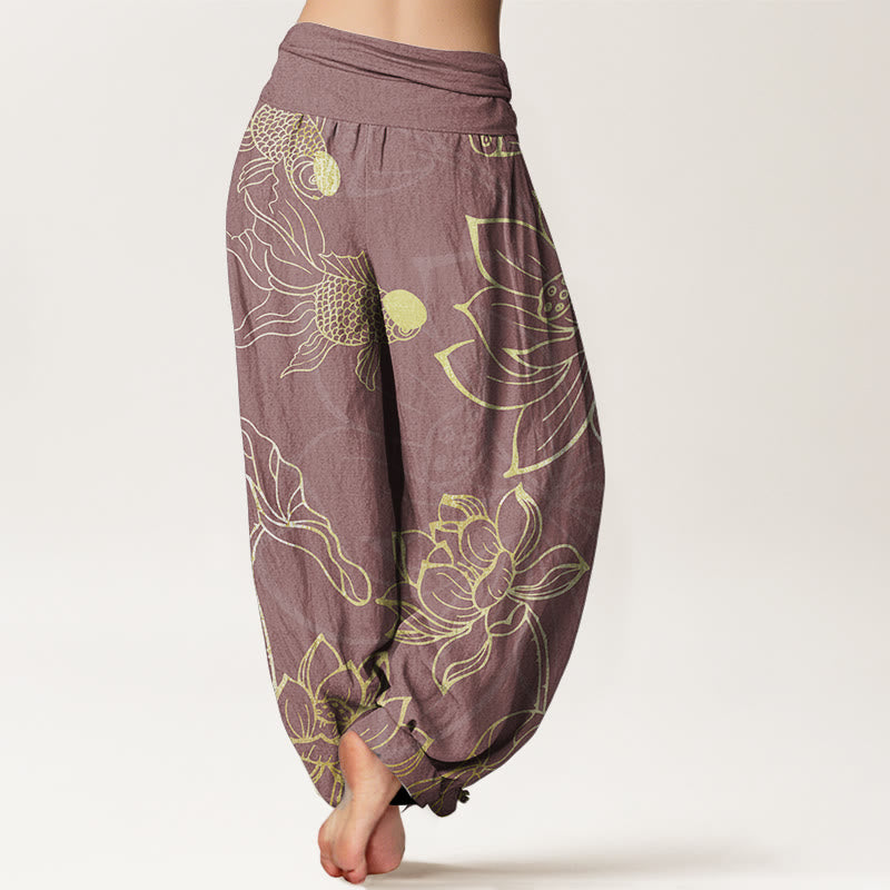 Pantalon Buddha Stones taille élastique en pur coton motif feuilles de lotus et poissons koï pour femme