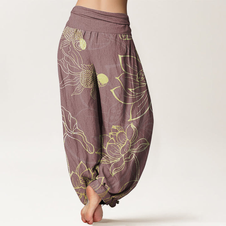 Pantalon Buddha Stones taille élastique en pur coton motif feuilles de lotus et poissons koï pour femme