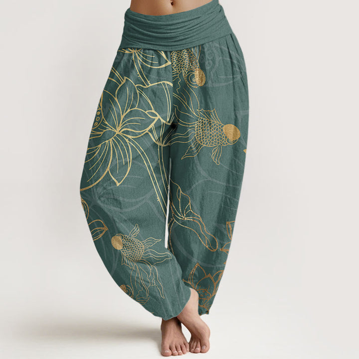 Pantalon Buddha Stones taille élastique en pur coton motif feuilles de lotus et poissons koï pour femme