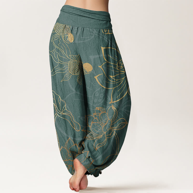 Pantalon Buddha Stones taille élastique en pur coton motif feuilles de lotus et poissons koï pour femme