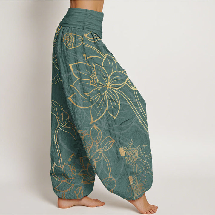 Pantalon Buddha Stones taille élastique en pur coton motif feuilles de lotus et poissons koï pour femme