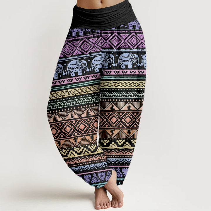 Pantalon sarouel décontracté en pur coton avec motif géométrique et Buddha Stones pour femme, taille élastique