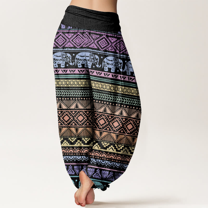 Pantalon sarouel décontracté en pur coton avec motif géométrique et Buddha Stones pour femme, taille élastique