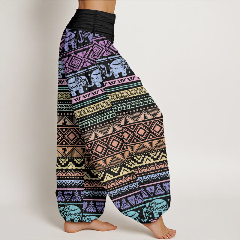 Pantalon sarouel décontracté en pur coton avec motif géométrique et Buddha Stones pour femme, taille élastique