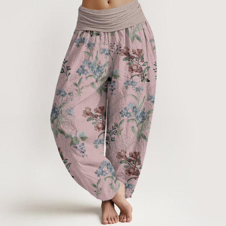 Pantalon sarouel taille élastique pour femme, motif Buddha Stones, pur coton, fleurs rouges, bleues et vertes - Rouge violet pâle - US22，UK/AU26，EU54 (6XL) - image 0