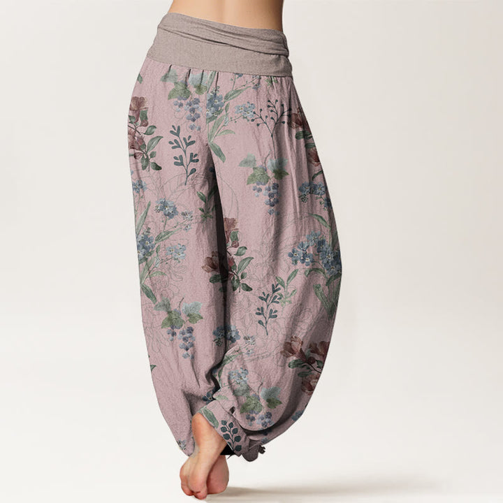 Pantalon sarouel taille élastique pour femme, motif Buddha Stones, pur coton, fleurs rouges, bleues et vertes - image 1