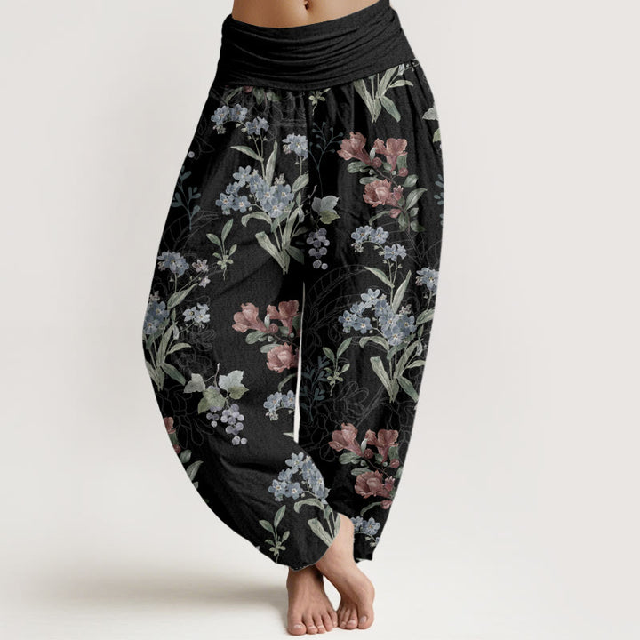 Pantalon sarouel taille élastique pour femme, motif Buddha Stones, pur coton, fleurs rouges, bleues et vertes - Noir - US22，UK/AU26，EU54 (6XL) - image 5