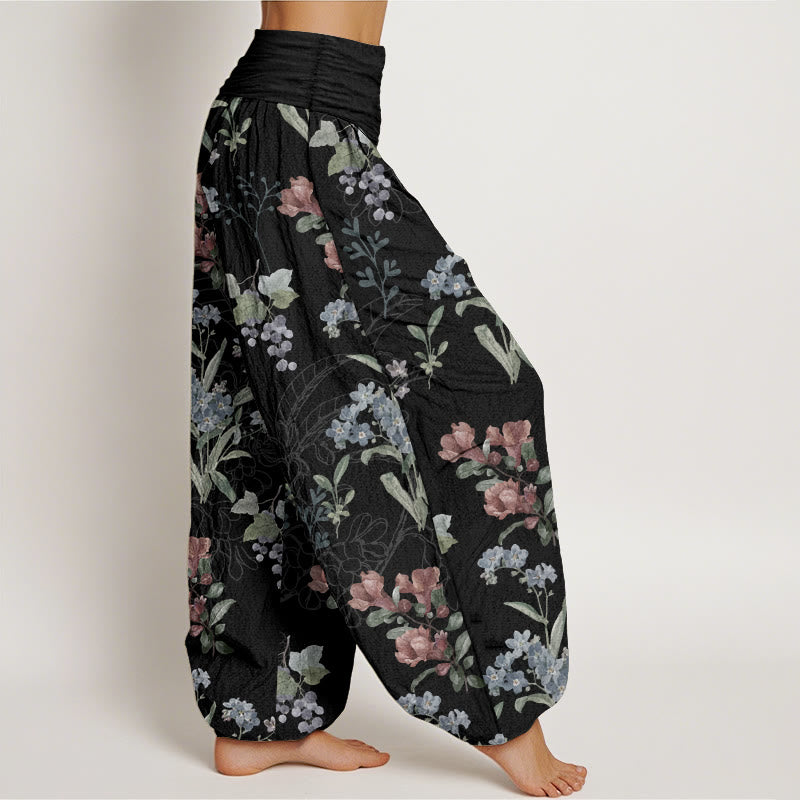 Pantalon sarouel taille élastique pour femme, motif Buddha Stones, pur coton, fleurs rouges, bleues et vertes