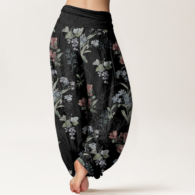 Pantalon sarouel taille élastique pour femme, motif Buddha Stones, pur coton, fleurs rouges, bleues et vertes