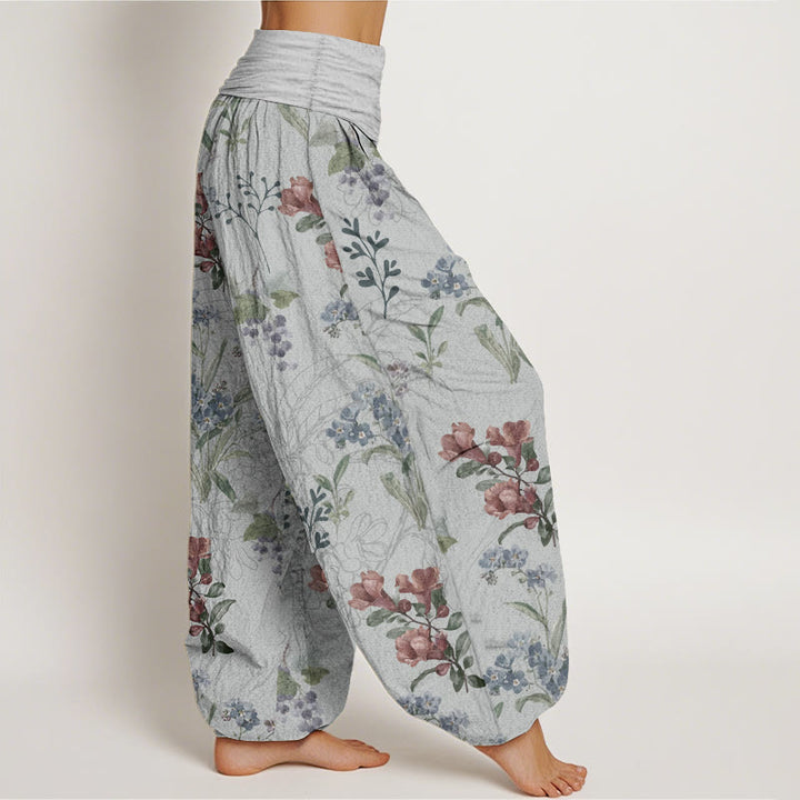 Pantalon sarouel taille élastique pour femme, motif Buddha Stones, pur coton, fleurs rouges, bleues et vertes