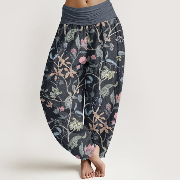 Pantalon Buddha Stones taille élastique en pur coton avec motif floral et feuilles de vigne pour femme