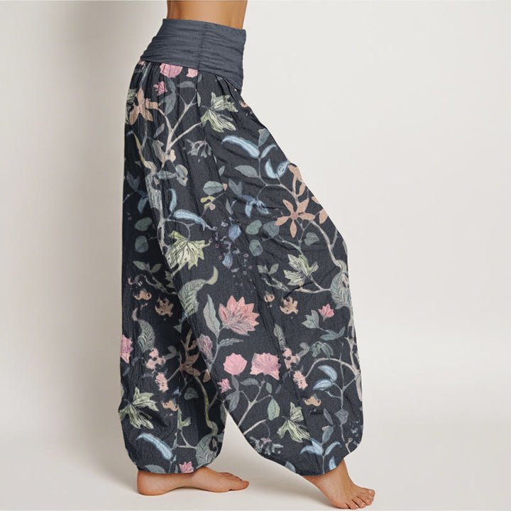Pantalon Buddha Stones taille élastique en pur coton avec motif floral et feuilles de vigne pour femme