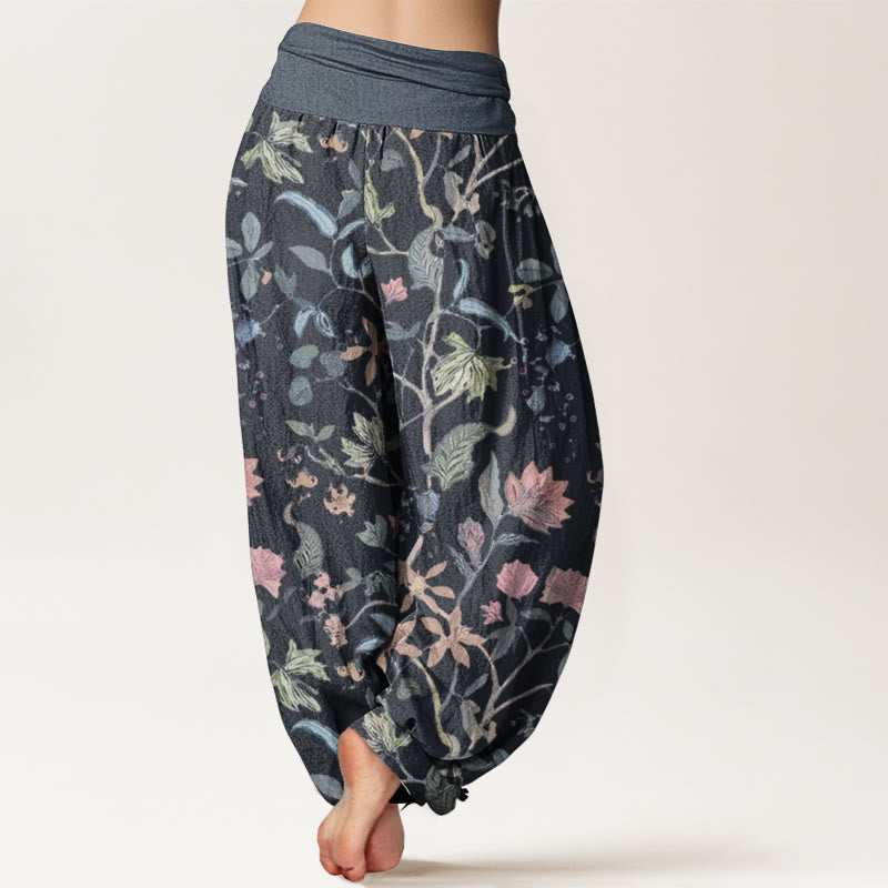 Pantalon Buddha Stones taille élastique en pur coton avec motif floral et feuilles de vigne pour femme - image 1
