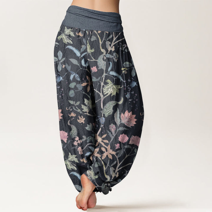 Pantalon Buddha Stones taille élastique en pur coton avec motif floral et feuilles de vigne pour femme