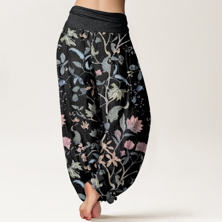 Pantalon Buddha Stones taille élastique en pur coton avec motif floral et feuilles de vigne pour femme