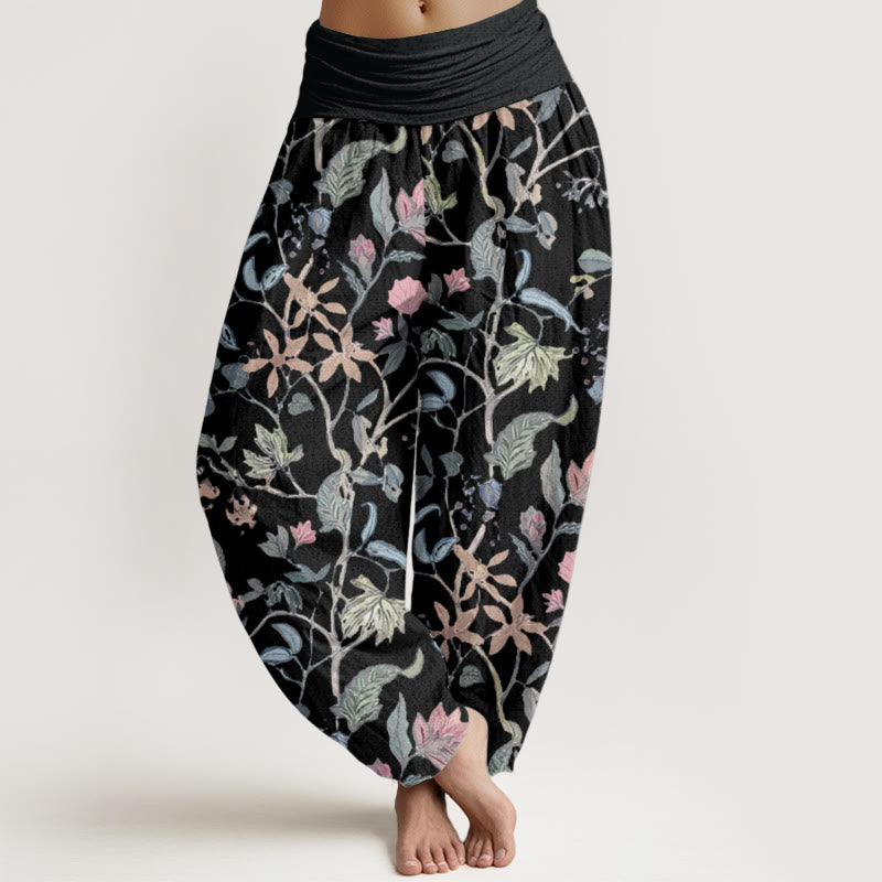 Pantalon Buddha Stones taille élastique en pur coton avec motif floral et feuilles de vigne pour femme