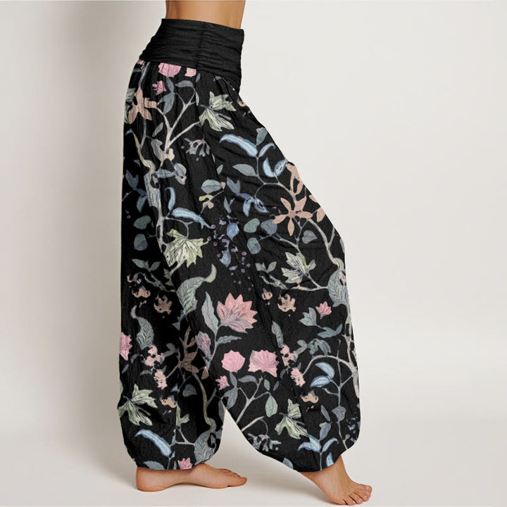 Pantalon Buddha Stones taille élastique en pur coton avec motif floral et feuilles de vigne pour femme