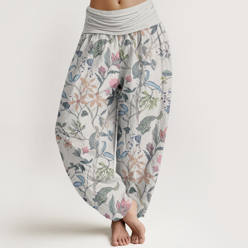 Pantalon Buddha Stones taille élastique en pur coton avec motif floral et feuilles de vigne pour femme