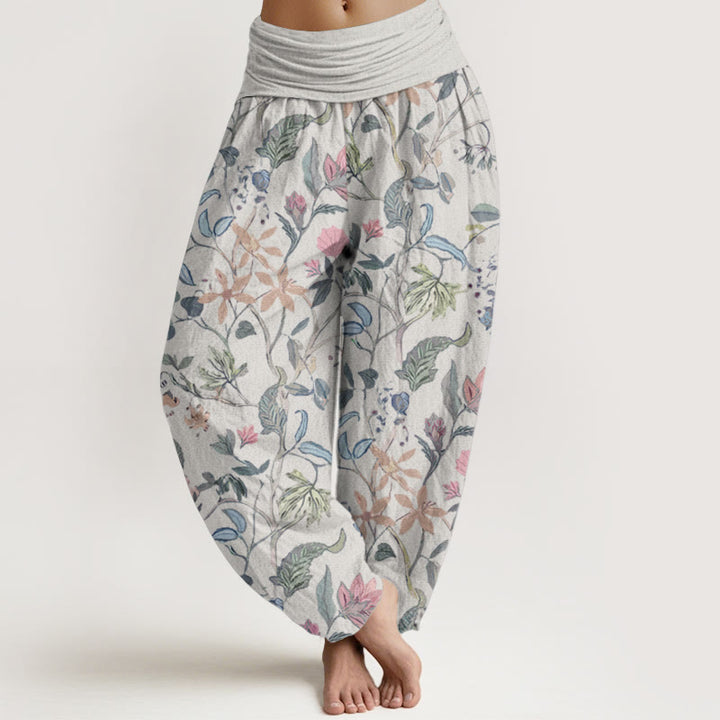Pantalon Buddha Stones taille élastique en pur coton avec motif floral et feuilles de vigne pour femme