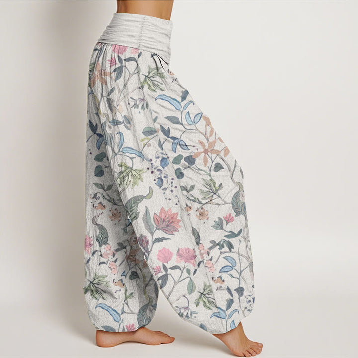 Pantalon Buddha Stones taille élastique en pur coton avec motif floral et feuilles de vigne pour femme