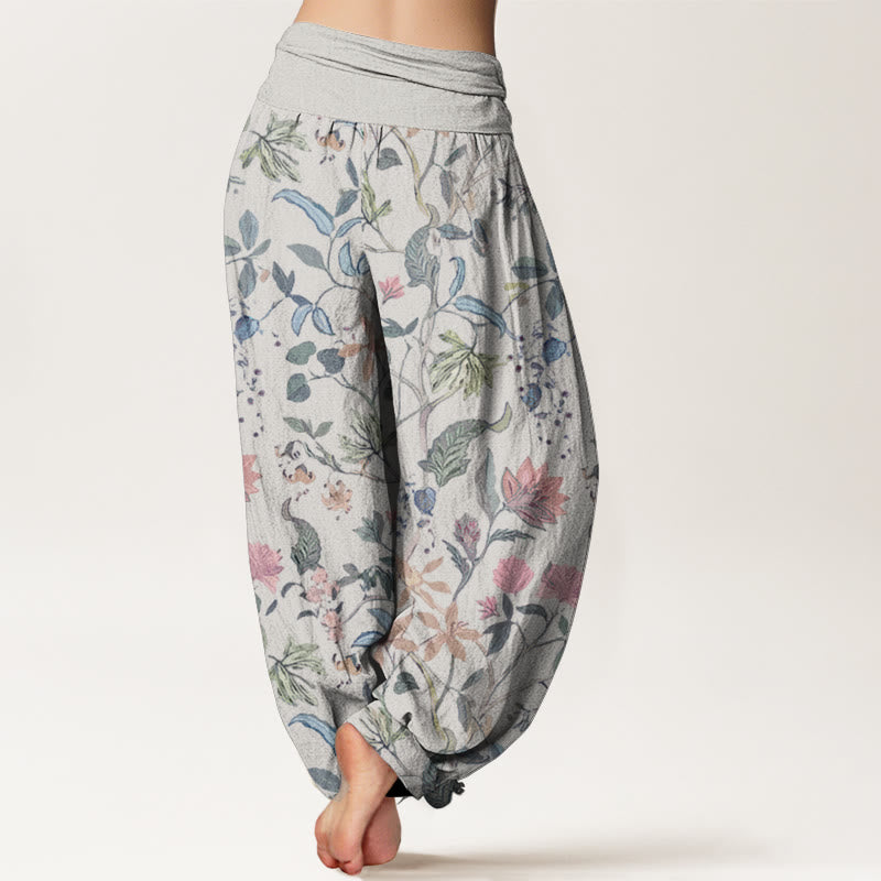 Pantalon Buddha Stones taille élastique en pur coton avec motif floral et feuilles de vigne pour femme