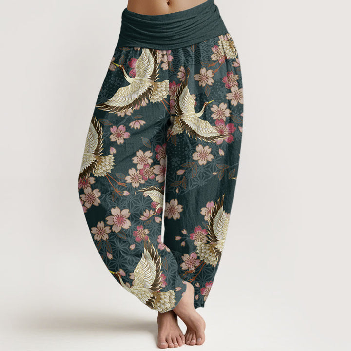 Pantalon Buddha Stones taille élastique pour femme en pur coton avec motif grue et fleurs de pêcher