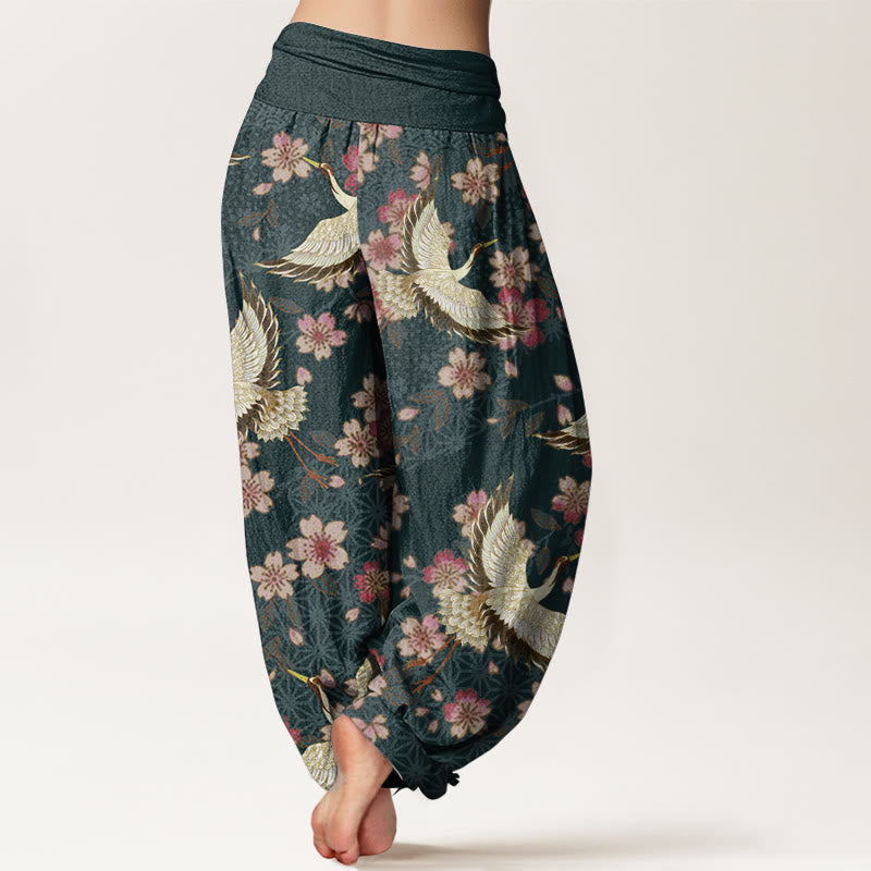 Pantalon Buddha Stones taille élastique pour femme en pur coton avec motif grue et fleurs de pêcher