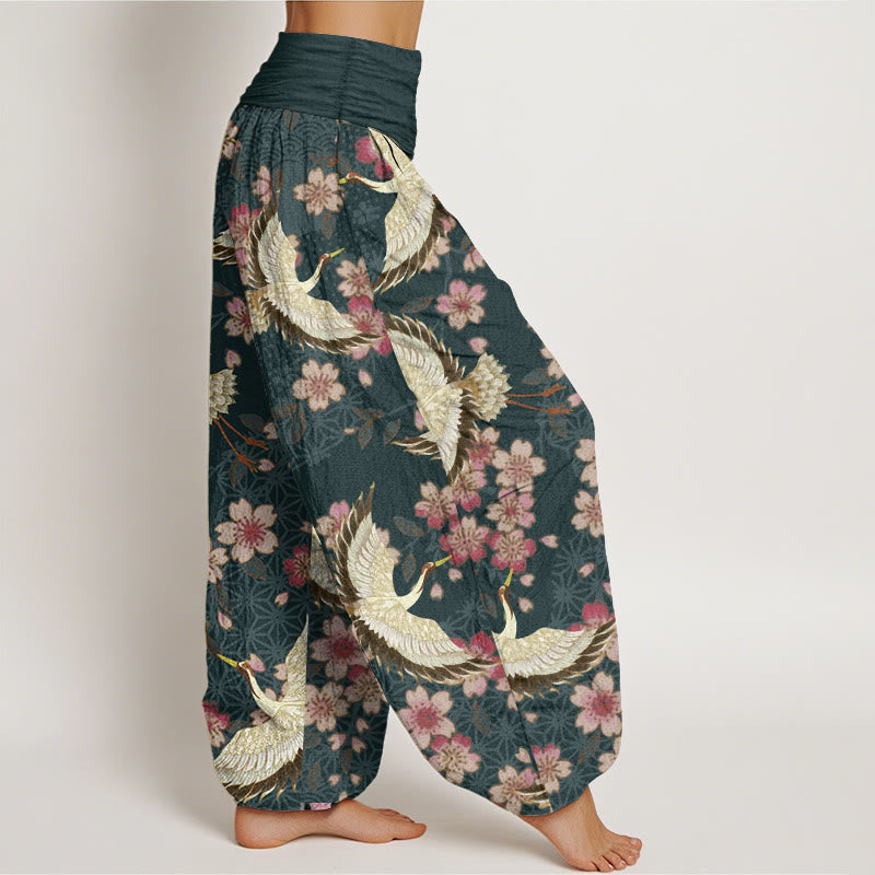 Pantalon Buddha Stones taille élastique pour femme en pur coton avec motif grue et fleurs de pêcher