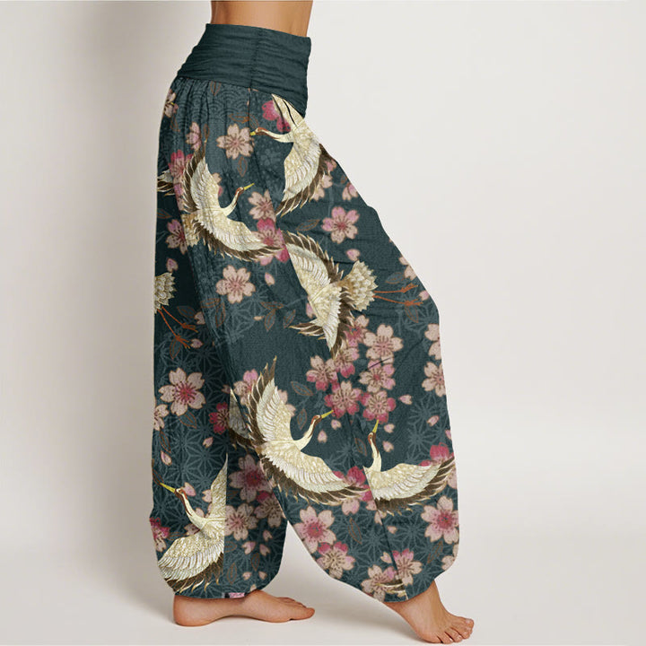Pantalon Buddha Stones taille élastique pour femme en pur coton avec motif grue et fleurs de pêcher