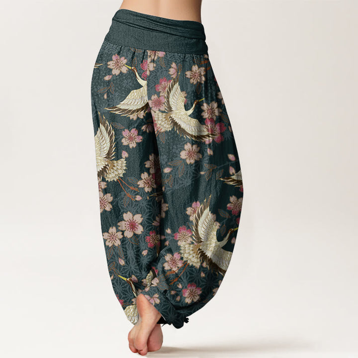 Pantalon Buddha Stones taille élastique pour femme en pur coton avec motif grue et fleurs de pêcher - image 1