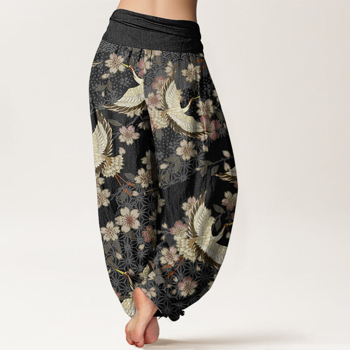 Pantalon Buddha Stones taille élastique pour femme en pur coton avec motif grue et fleurs de pêcher