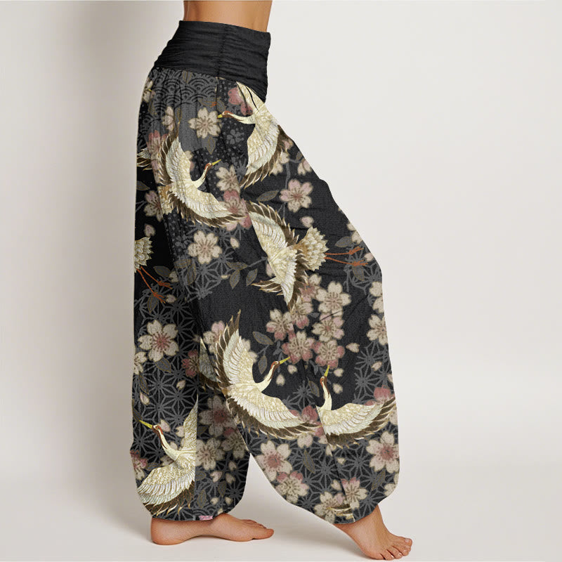 Pantalon Buddha Stones taille élastique pour femme en pur coton avec motif grue et fleurs de pêcher