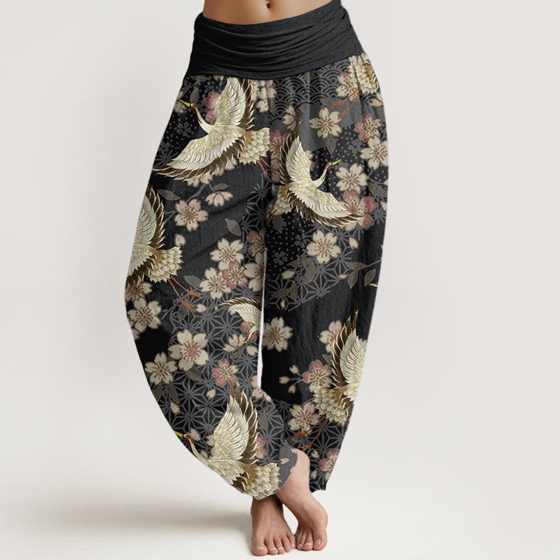 Pantalon Buddha Stones taille élastique pour femme en pur coton avec motif grue et fleurs de pêcher
