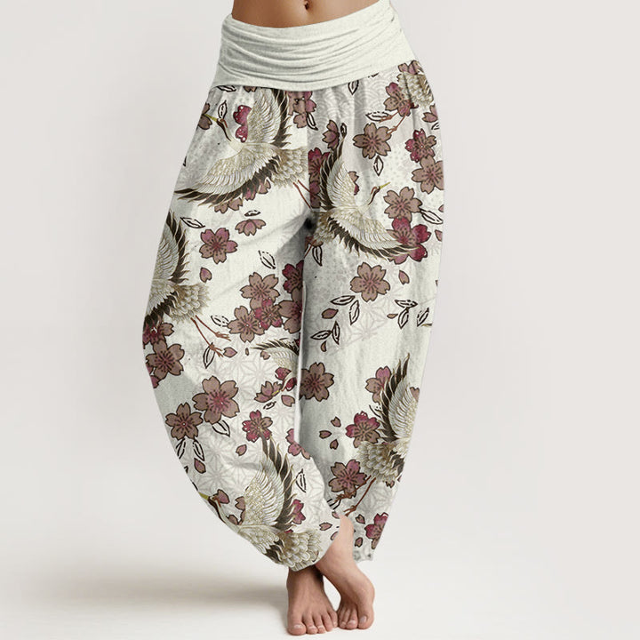 Pantalon Buddha Stones taille élastique pour femme en pur coton avec motif grue et fleurs de pêcher