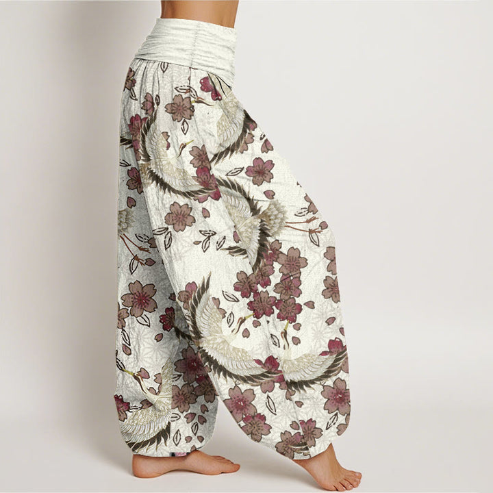 Pantalon Buddha Stones taille élastique pour femme en pur coton avec motif grue et fleurs de pêcher