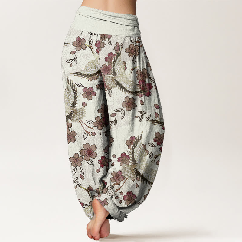 Pantalon Buddha Stones taille élastique pour femme en pur coton avec motif grue et fleurs de pêcher