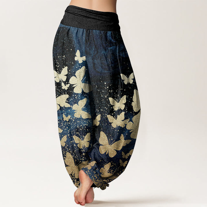 Pantalon Buddha Stones décontracté en pur coton avec motif papillon doré et taille élastique pour femme