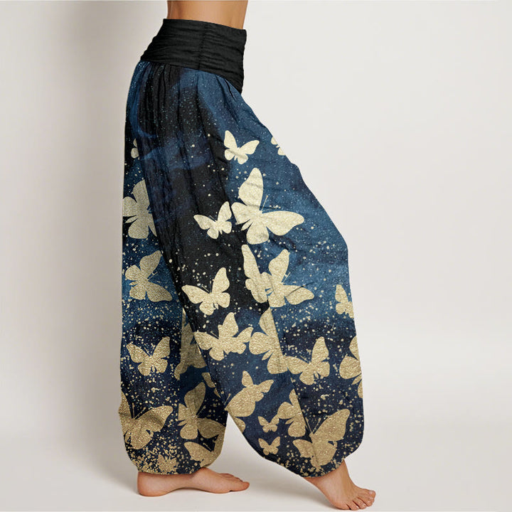 Pantalon Buddha Stones décontracté en pur coton avec motif papillon doré et taille élastique pour femme