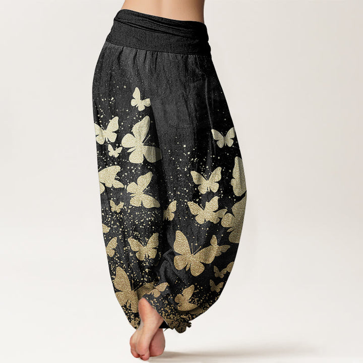 Pantalon Buddha Stones décontracté en pur coton avec motif papillon doré et taille élastique pour femme