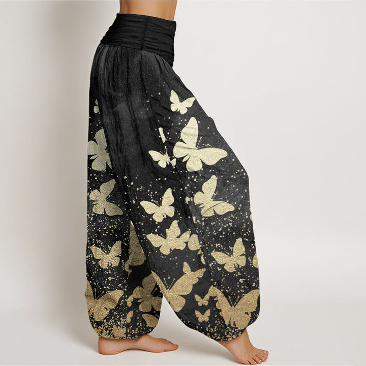 Pantalon Buddha Stones décontracté en pur coton avec motif papillon doré et taille élastique pour femme