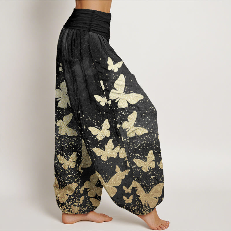 Pantalon Buddha Stones décontracté en pur coton avec motif papillon doré et taille élastique pour femme - image 11