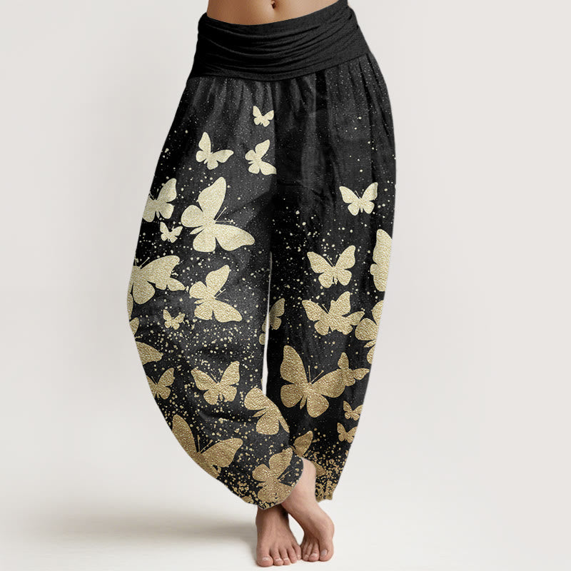 Pantalon Buddha Stones décontracté en pur coton avec motif papillon doré et taille élastique pour femme