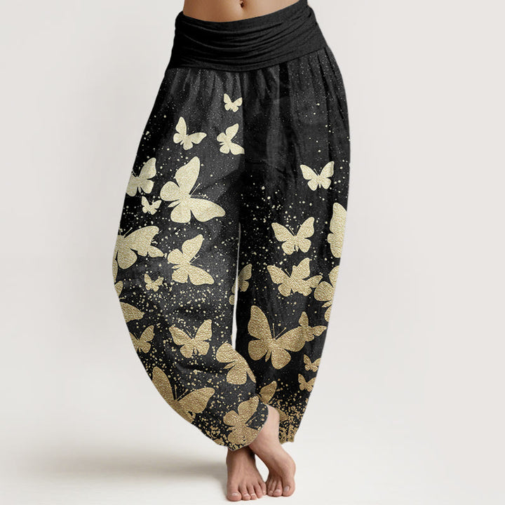 Pantalon Buddha Stones décontracté en pur coton avec motif papillon doré et taille élastique pour femme