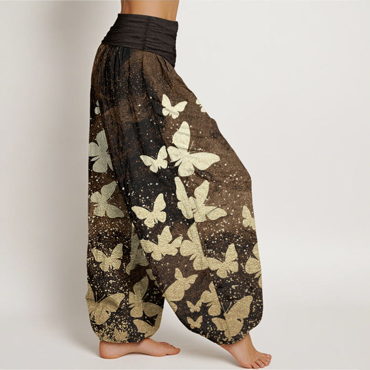 Pantalon Buddha Stones décontracté en pur coton avec motif papillon doré et taille élastique pour femme