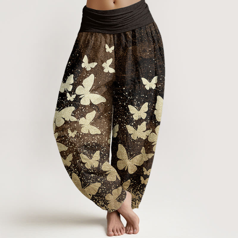 Pantalon Buddha Stones décontracté en pur coton avec motif papillon doré et taille élastique pour femme