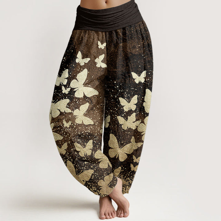 Pantalon Buddha Stones décontracté en pur coton avec motif papillon doré et taille élastique pour femme