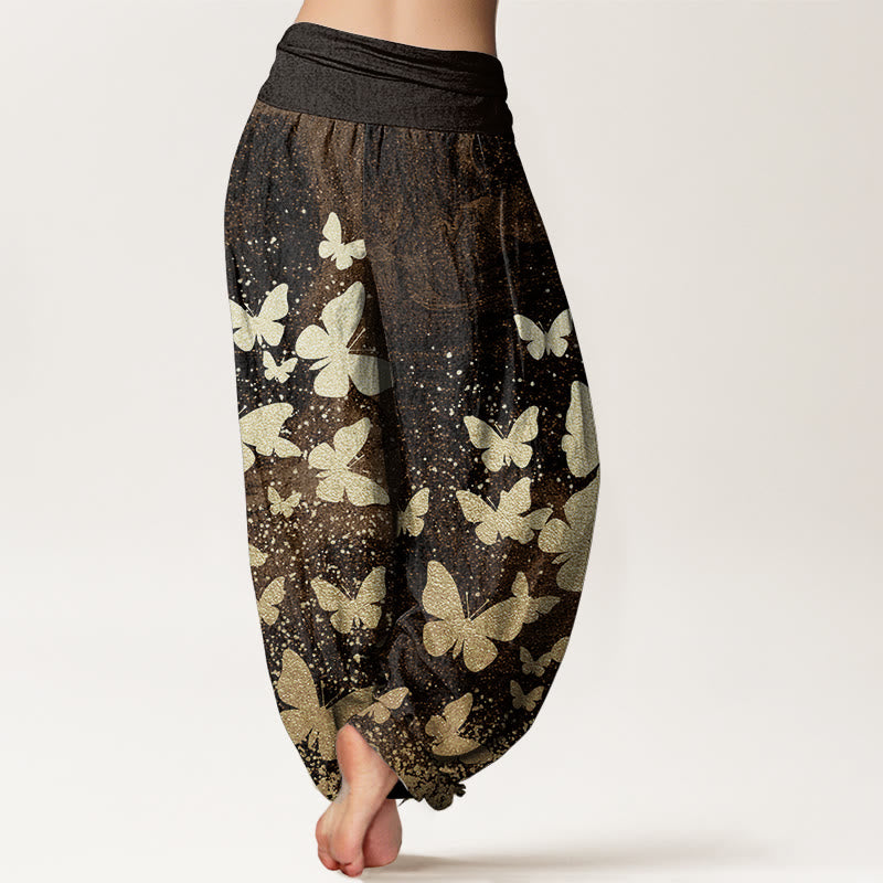 Pantalon Buddha Stones décontracté en pur coton avec motif papillon doré et taille élastique pour femme