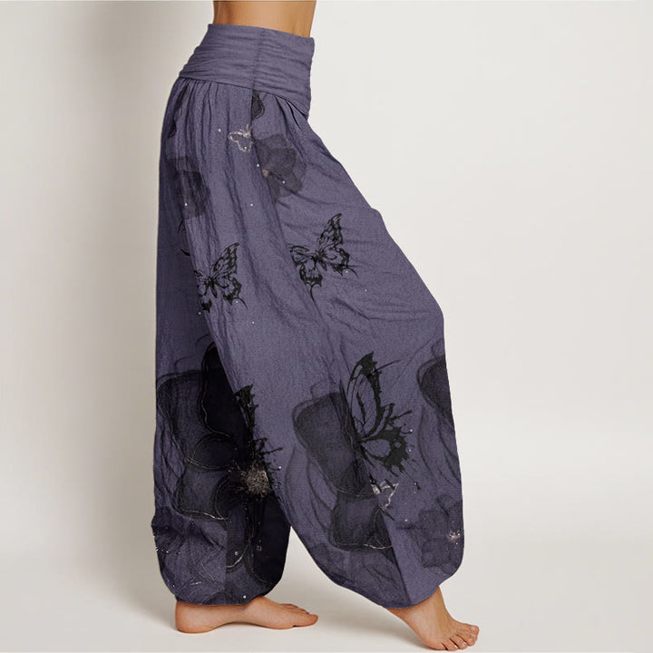 Pantalon sarouel en pur coton avec motif de fleurs et de papillons pour femme, taille élastique, motif Buddha Stones