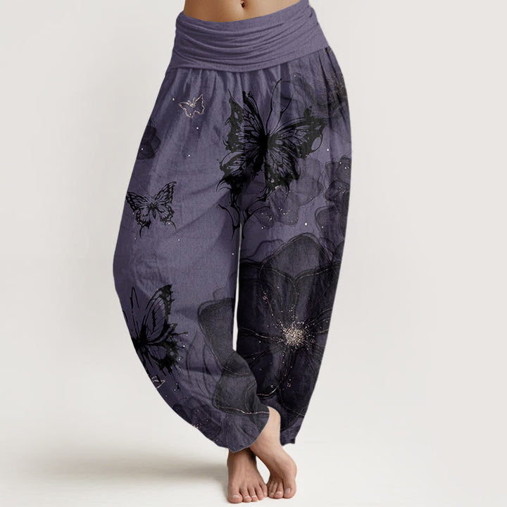 Pantalon sarouel en pur coton avec motif de fleurs et de papillons pour femme, taille élastique, motif Buddha Stones - Violette sombre - US22，UK/AU26，EU54 (6XL) - image 0