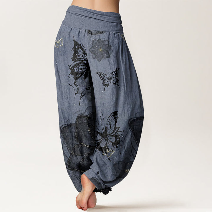 Pantalon sarouel en pur coton avec motif de fleurs et de papillons pour femme, taille élastique, motif Buddha Stones